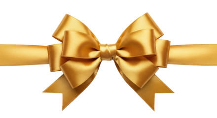 An elegant shiny gold satin bow with a ribbon for gift wrapping, holiday celebrations, or present decoration. Isolated on transparent background, png