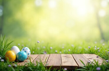 Colorful Easter eggs rest on rustic wooden plank surface. Fresh green grass, small purple flowers decorate foreground. Bright sunny spring meadow with blurred bokeh background provides ample copy