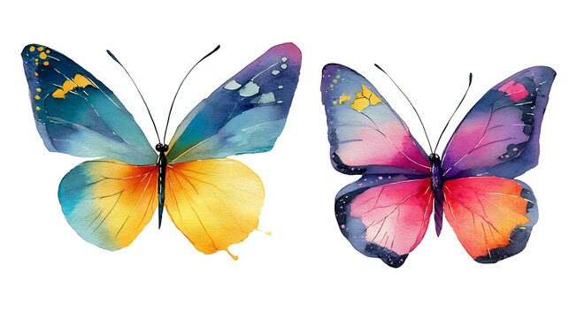 Two vibrant watercolor butterflies displaying a spectrum of bold colors on white background
