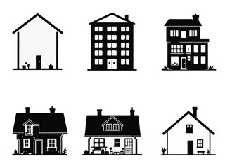 Black house silhouette icon set of modern and traditional home designs