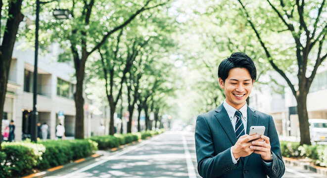 A man in a suit smiling while looking at his smartphone outdoors