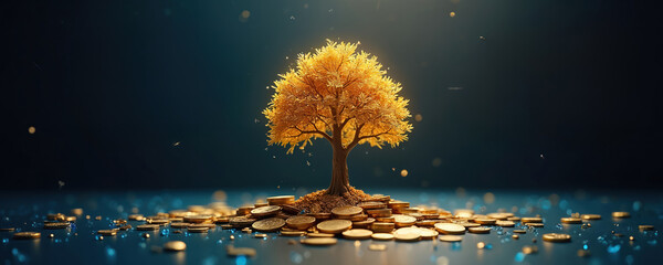 Golden tree grows from pile of gold coins on dark blue surface. Wealth accumulation, strong investment strategy. Financial success, profit increase over time. Business growth, capital assets