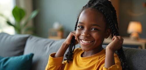 Young African American girl with braided hair smiles warmly while sitting on a comfy couch. She wears a bright yellow shirt and looks directly at the camera with a cheerful expression.