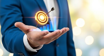A businessman in a blue suit holds a target symbol and a rising bar chart in his hand, symbolizing success and growth.