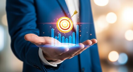 A businessman in a blue suit holds his hand out, showcasing a target with an arrow and rising bar graphs, symbolizing success.