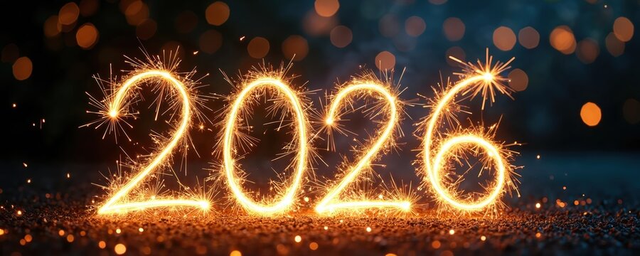 Bright sparkler fireworks form the year 2026 numbers glowing at night. Festive gold lights sparkle and shimmer creating abstract pattern with bokeh background lights. Holiday countdown concept.