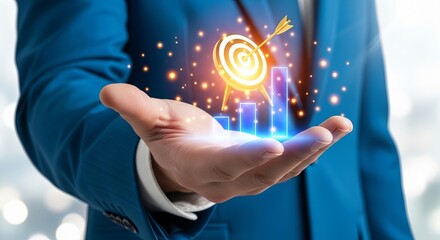 A businessman in a blue suit holds a glowing target and bar chart symbolizing success and growth.