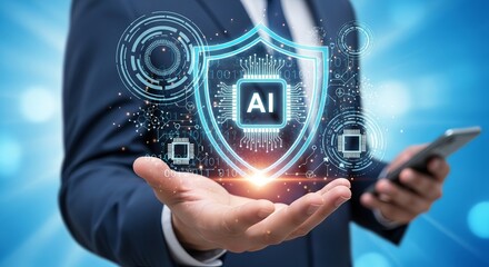 A business professional holding a smartphone with a glowing AI shield symbol, representing data security and technology.