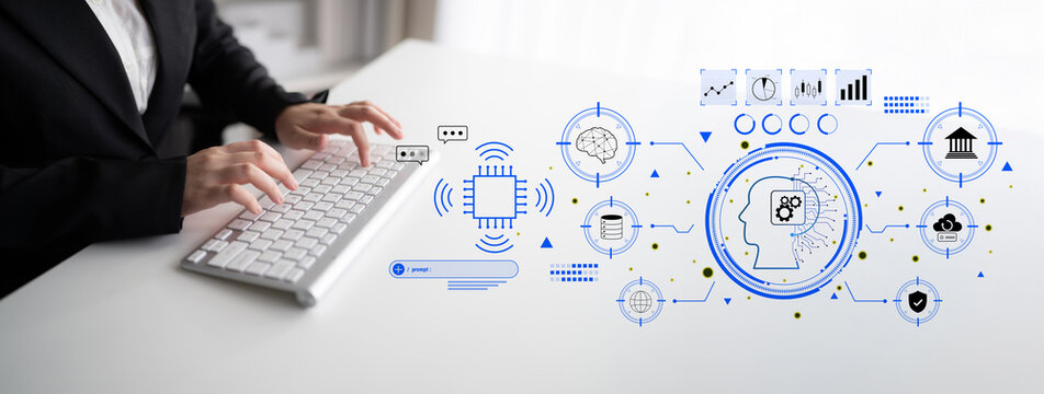 An advanced AI system for business and financial analysis. A futuristic interface for commanding an AI to process data from various domains. Motif
