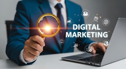 A businessman in a navy suit holding a magnifying glass, focusing on 'Digital Marketing' with animated icons in a modern office.