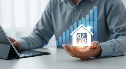 A businessman analyzing real estate data with a graph and percentage symbol, conveying growth and investment insights.