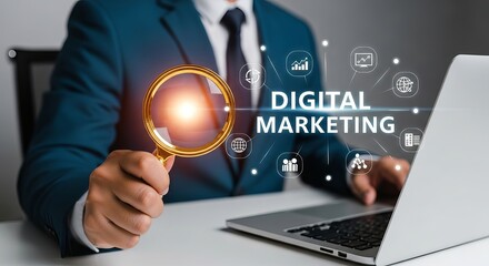 A businessman in a suit examines digital marketing data through a magnifying glass, showcasing a professional and analytical approach.