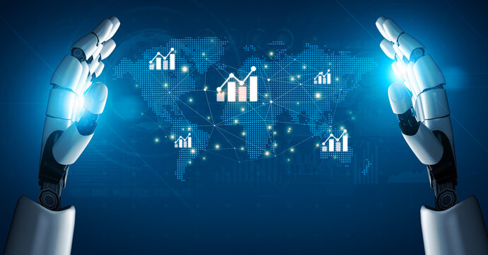 AI assistant analyzing global economic data and stock market trends. Generative technology creates financial chart visualizations for international business strategy and investment. Fermion