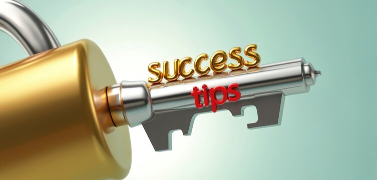 Golden key with word success on one side and tips in red on other. Symbolizes unlocking potential for achievement and advancement in business or life endeavors.