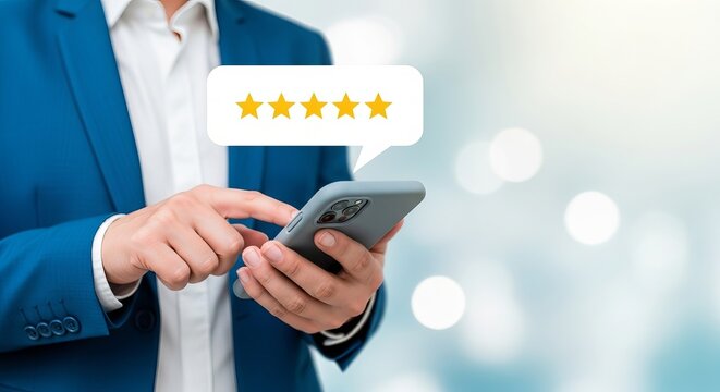 A professional man in a blue suit checks his smartphone, showcasing a five-star rating, symbolic of positive feedback.