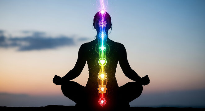 Woman meditating with chakra energy flowing up her spine