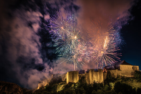 Fireworks Display Over a Fortified Castle