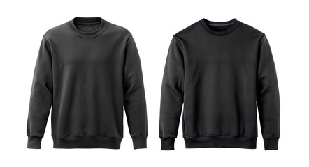Two dark grey crew neck long sleeve sweaters shown from the front and back isolated on transparent background