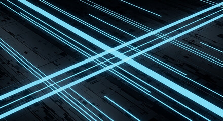 Obraz premium Blue glowing lines crossing dark digital network background