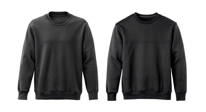 Two dark grey crew neck long sleeve sweaters shown from the front and back isolated on transparent background