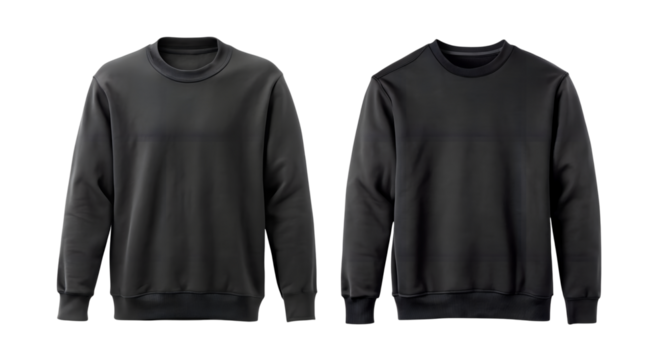 Two dark grey crew neck long sleeve sweaters shown from the front and back isolated on transparent background