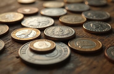 Variety of international coins scattered on weathered wood table surface. Different world currencies from diverse countries represent global trade, finance, investment. Money symbols show economic