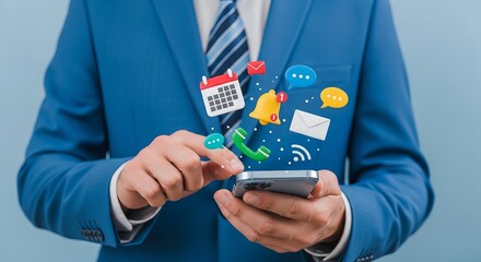 A man in a blue suit using a smartphone, with colorful notification icons emerging from the screen, symbolizing communication.