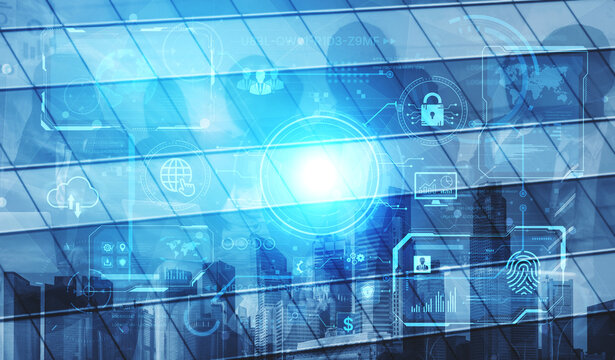 A futuristic command center interface for managing a global technology platform. The dashboard includes data security, network administration, and biometric user authentication. Fermion