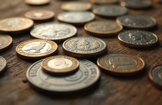 Variety of international coins scattered on weathered wood table surface. Different world currencies from diverse countries represent global trade, finance, investment. Money symbols show economic