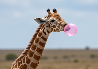 A curious juvenile giraffe is blowing a large, bright pink bubble of chewy gum, creating a humorous and unexpected wildlife scene in the wild ,wild animal ,comedy ,jaw