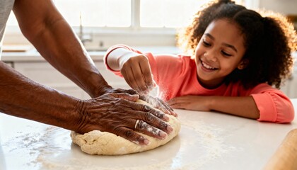 A happy young girl learns to bake with her grandparent in a sunlit kitchen. Close-up of hands kneading dough while the child sprinkles flour. Family bonding and passing down traditions concept