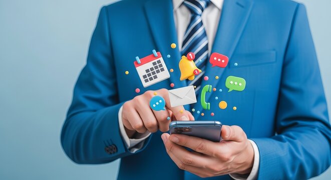 A businessman in a blue suit interacts with a smartphone, visual notifications emerging around him. - Powered by Adobe
