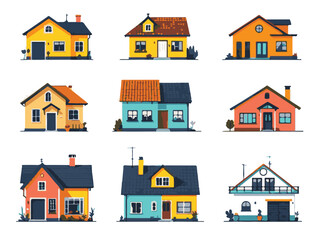 Colorful house flat vector icon set of modern suburban homes and cottages