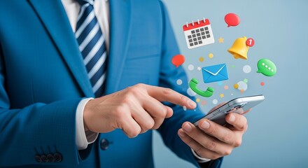 A business professional in a blue suit interacts with a smartphone displaying various digital notifications.