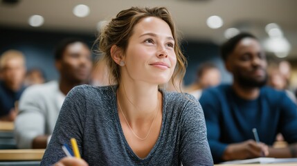 Diverse college classroom scene with students engaged in learning, showcasing focus and inclusivity in a vibrant academic environment with soft daylight