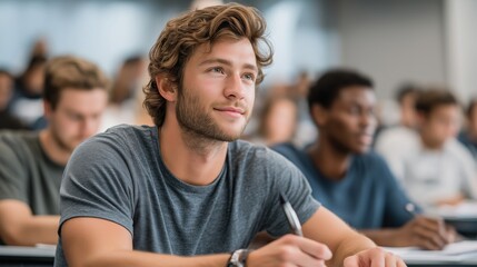 Young male student with curly hair attentively taking notes in a college classroom, surrounded by diverse classmates, emphasizing focus and academic engagement