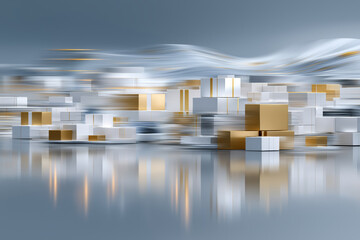 A high-tech warehouse environment highlights automation and digital solutions enhancing logistics processes. Packages move seamlessly within a futuristic setting, illustrating supply chain innovation