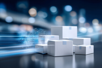 A high-tech warehouse is bustling with activity, featuring automated systems that enhance logistics and streamline package delivery while ensuring connectivity and efficiency in operations