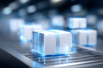 A modern warehouse uses advanced technology to automate package handling and improve delivery efficiency, representing the future of smart logistics