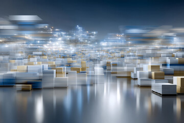 A bustling high-tech warehouse filled with packages signifies innovation in logistics. Automated systems facilitate fast delivery with advanced connectivity and digital infrastructure