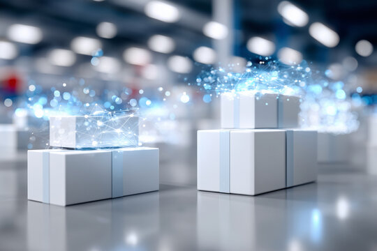 In a modern warehouse setting, packages are organized with advanced technology. Smart logistics tools enhance efficiency and connectivity, demonstrating automation in transport and delivery systems