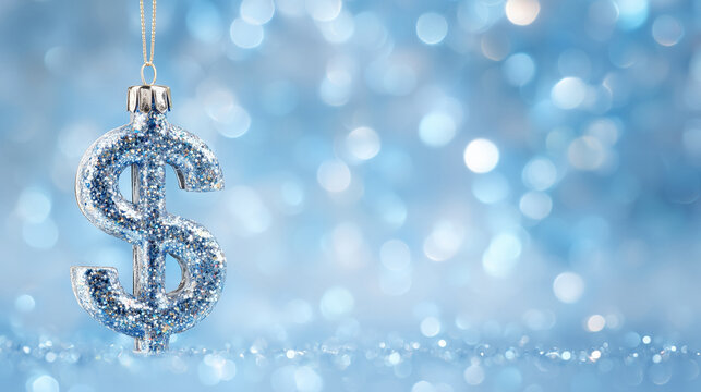 A shiny dollar sign ornament hangs against a soft blue bokeh background, capturing the essence of holiday finance, prosperity, and festive cheer during the Christmas and New Year season