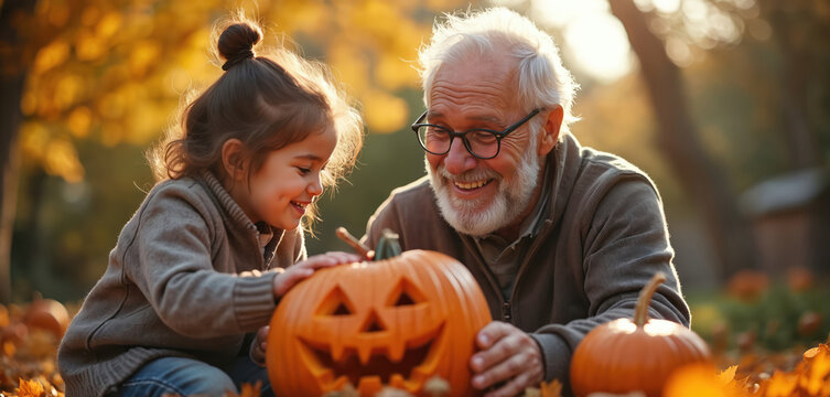 Grandfather and grandchild carve pumpkin for Halloween in a sunny autumn garden. They share a joyful moment creating a festive jack-o-lantern together outdoors. Family bond, fall traditions. - Powered by Adobe