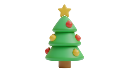 A cute 3d cartoon illustration of a green christmas tree decorated with red and yellow baubles and a yellow star on top