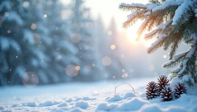 Snowy fir branches with pinecones rest on white snow ground. Gentle sun rays illuminate soft bokeh lights and frosted forest background. Peaceful winter atmosphere ideal for holidays.