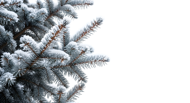Closeup of a frosted pine tree branch covered in snow, with a transparent background, highlighting the texture and detail of the winter foliage