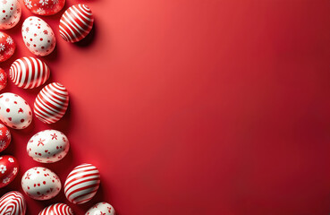 Red, white decorated Easter eggs arranged on vibrant red surface. Festive eggs, featuring stripes, floral patterns, await spring holiday celebrations. Offer ample blank space for custom messages