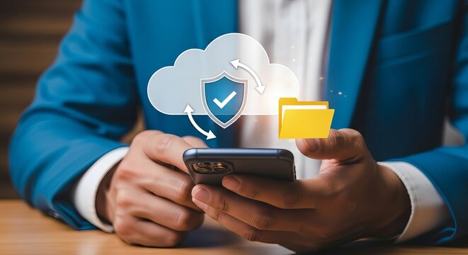 A man in a blue suit using a smartphone with cloud security icons, representing digital data protection.