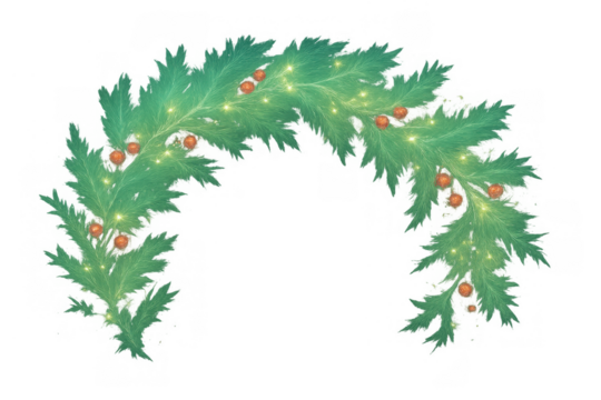 Christmas garland decoration with festive green fir branches, red berries, and sparkling holiday string lights