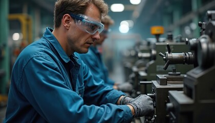 Male worker in blue uniform and safety goggles operates lathe machine in industrial factory. Man works on metalworking machinery. Industrial worker controls equipment in manufacturing plant.